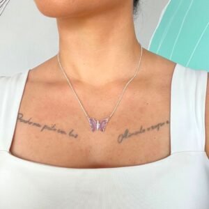 Colar Borboleta Lavanda Banho Prata - Imagem 2